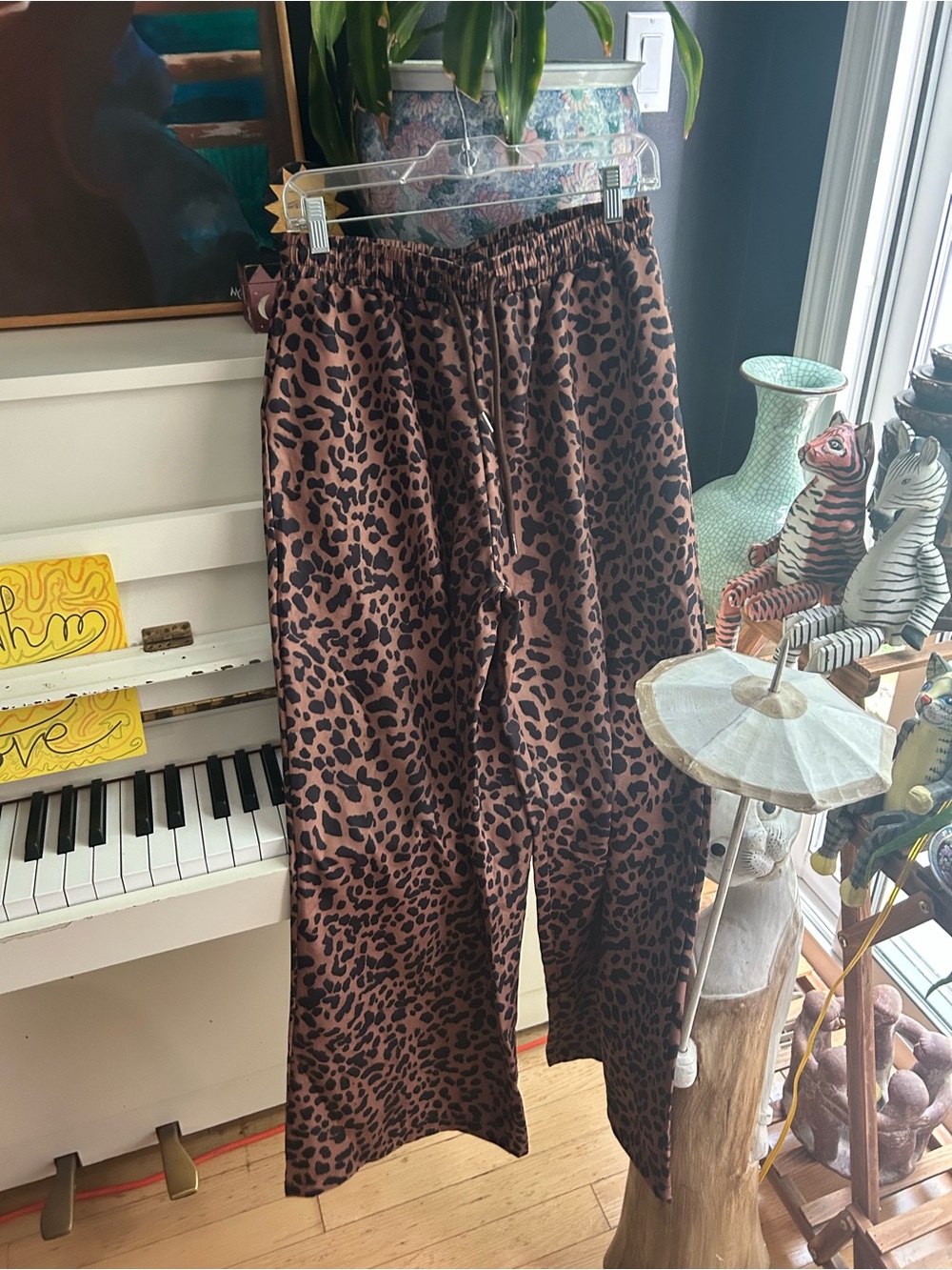 Leopard Print Wide Leg Palazzo Pants Elastic Waist Lounge Boho Women’s Large - Picture 5 of 15